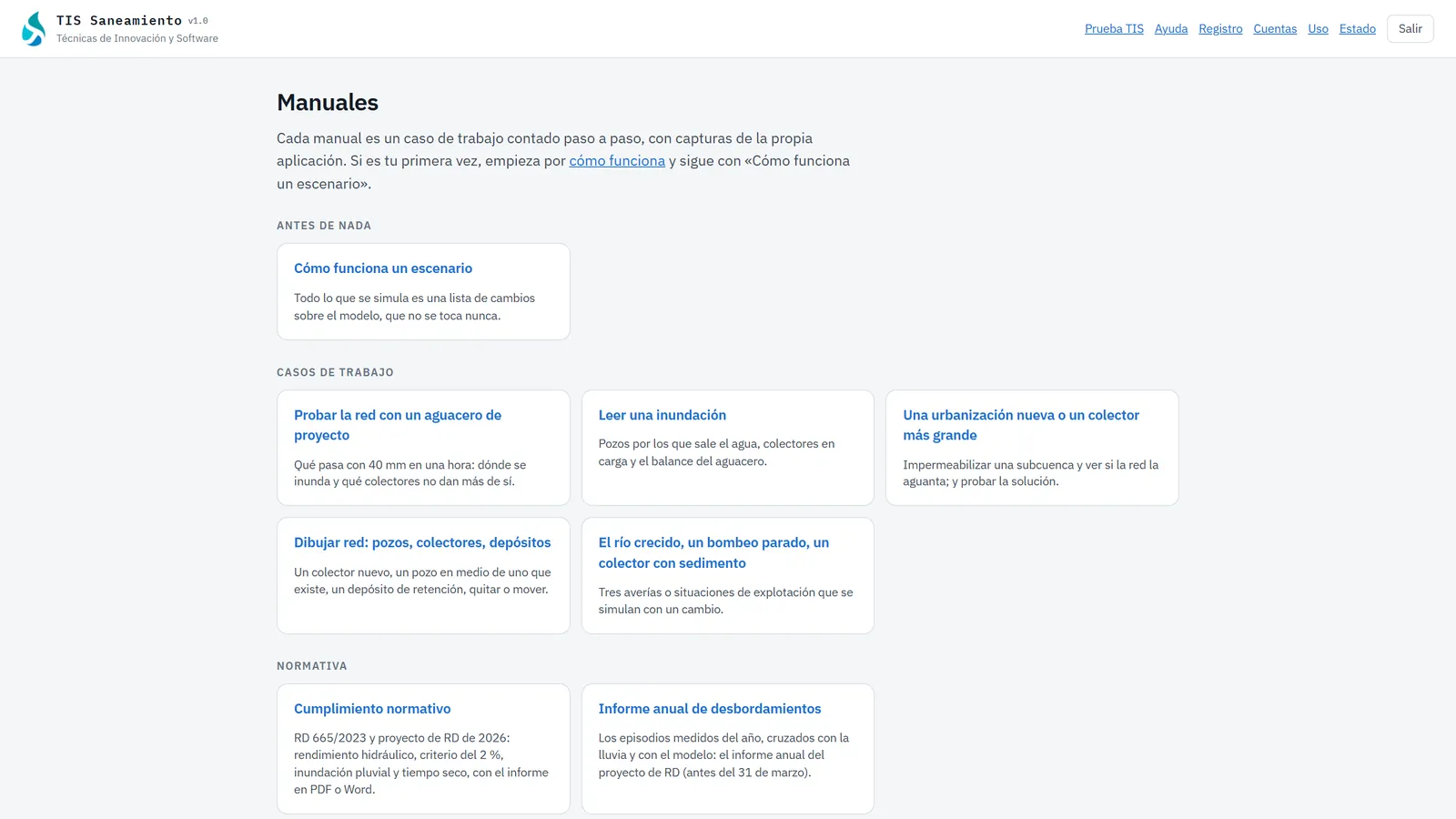 TIS Saneamiento, manuales dentro: La ayuda está en la propia aplicación, con capturas, en español.